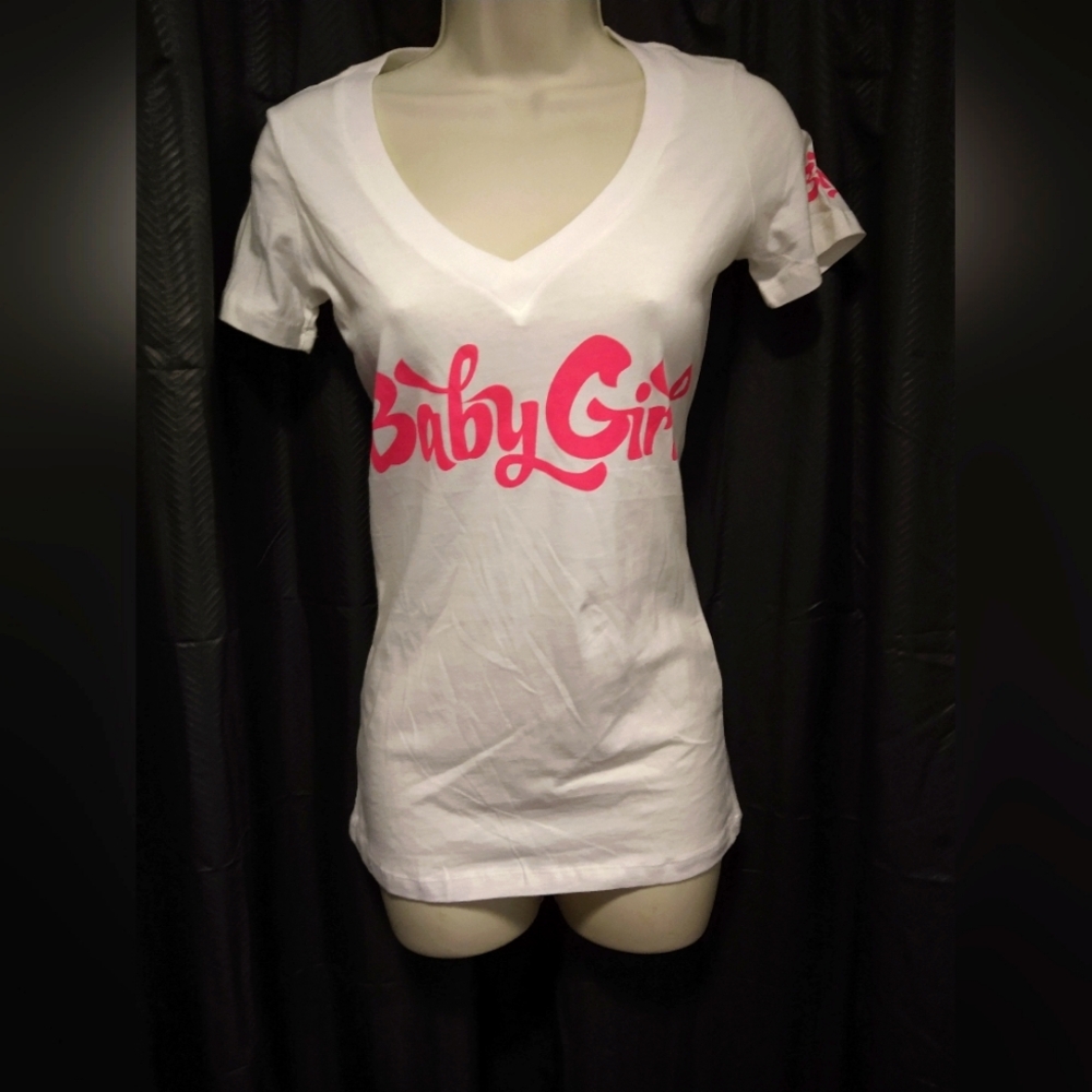 Baby Girl White and Pink V-Neck T-Shirt